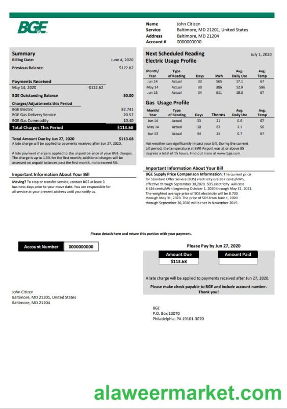 USA Maryland BGE gas and electric utility bill template in Word and PDF format